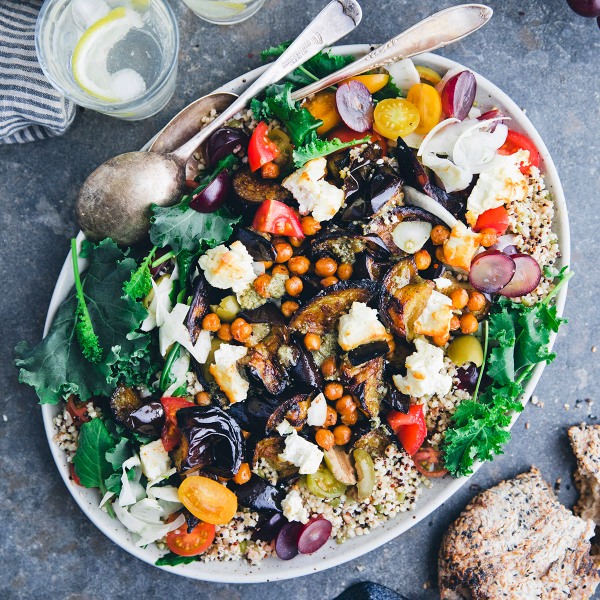Roasted Aubergine & Millet Salad with Hot Chickpeas and Feta – Green Kitchen Stories