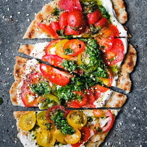 Oat & Yogurt Flatbread with Green Sauce and Tomatoes – Green Kitchen Stories